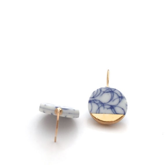 Delft Blue and white porcelain earrings in 18k solid gold ceramic blue white pottery jewelry gift