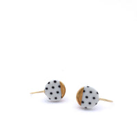 Black and white porcelain earring, pottery and ceramic, 18k solid gold, Gift for girlfriend, Polka dot, round gold dangle earrings