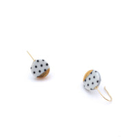 Black and white porcelain earring, pottery and ceramic, 18k solid gold, Gift for girlfriend, Polka dot, round gold dangle earrings