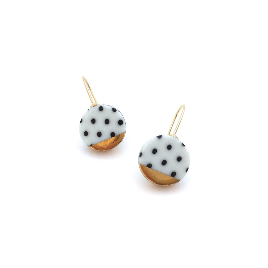 Black and white porcelain earring, pottery and ceramic, 18k solid gold, Gift for girlfriend, Polka dot, round gold dangle earrings
