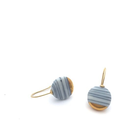 Classic Small Circle Earrings, Porcelain ceramics with 18k Gold, Everyday jewelry