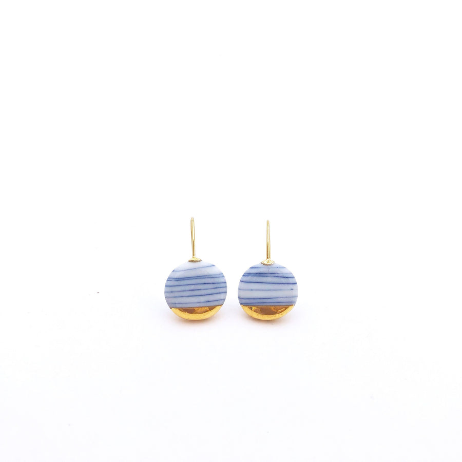 Blue white pottery earrings, porcelain jewelry, Delft blue, solid 18k gold, classic dangle earring, ceramic and clay, colourful