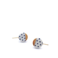 Pottery necklace, ceramic jewelry, blue white pottery, polka dot, 14k gold fill choker charm necklace, gift set for wife