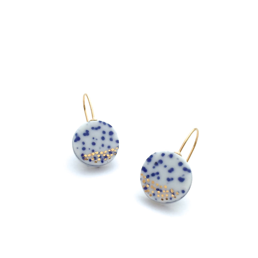 Blue white porcelain earrings, 18k solid gold jewelry, gift for woman, Ceramic jewelry, Scandinavian Modern, classic earrings, Delft Blue