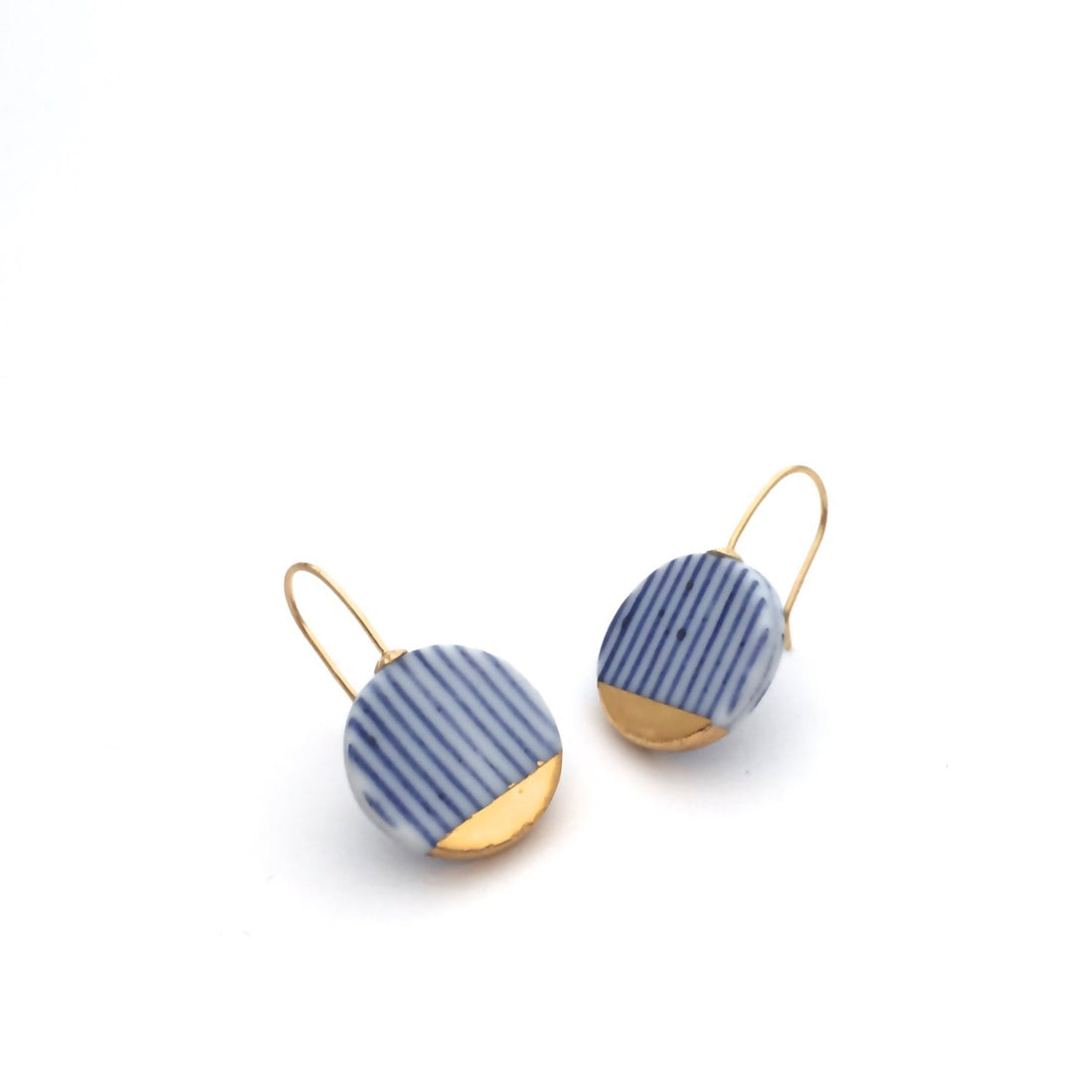 Blue white stripes ceramic gold earrings from Delft, ceramic and porcelain ware by OeiCeramics