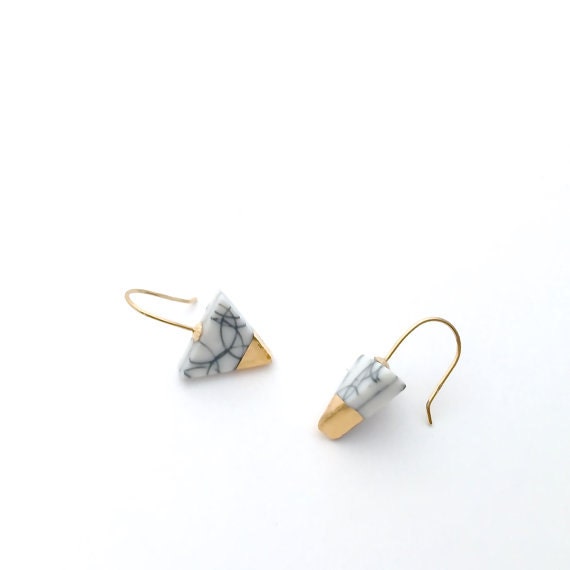 Triangle porcelain earrings with 18k solid gold, ceramic jewelry