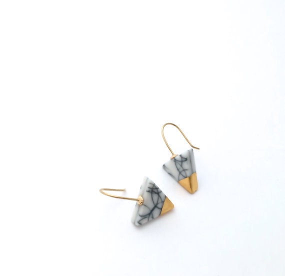 Triangle porcelain earrings with 18k solid gold, ceramic jewelry