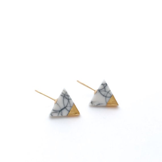 Triangle porcelain earrings with 18k solid gold, ceramic jewelry