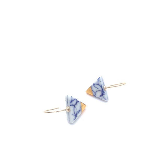 Triangle porcelain earrings with 18k solid gold, ceramic jewelry