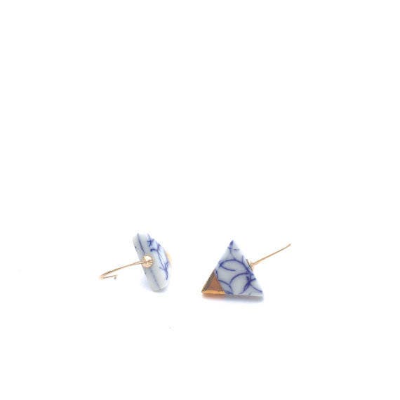 Triangle porcelain earrings with 18k solid gold, ceramic jewelry