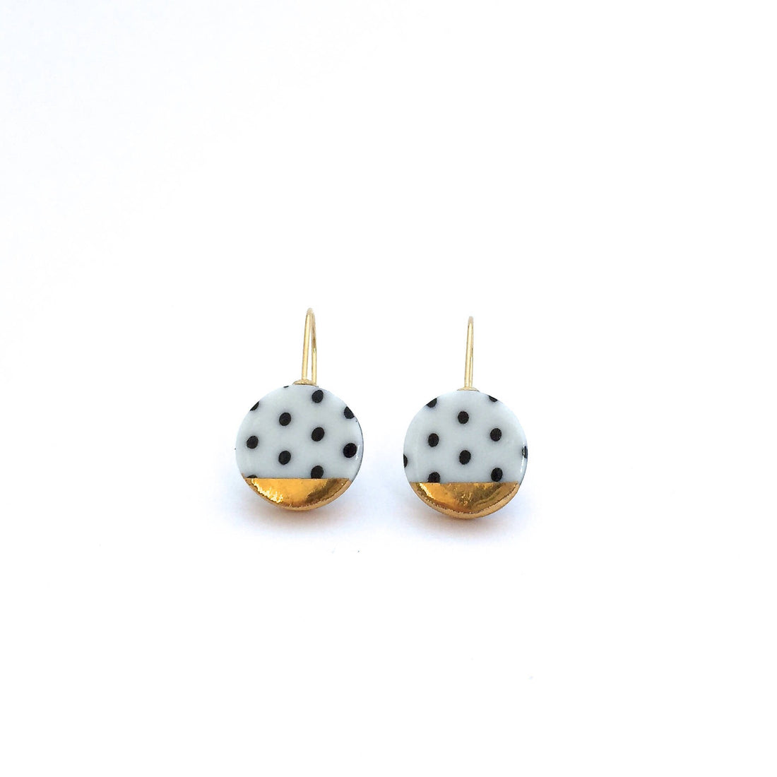 Black and white porcelain earring, pottery and ceramic, 18k solid gold, Gift for girlfriend, Polka dot, round gold dangle earrings