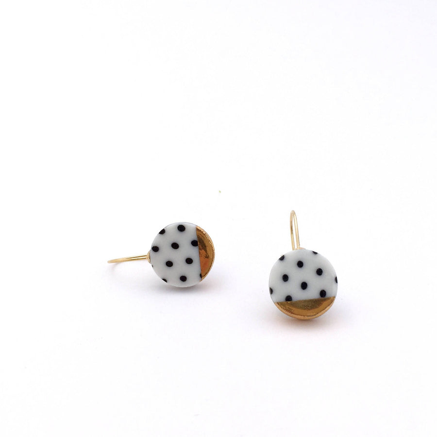 Black and white porcelain earring, pottery and ceramic, 18k solid gold, Gift for girlfriend, Polka dot, round gold dangle earrings