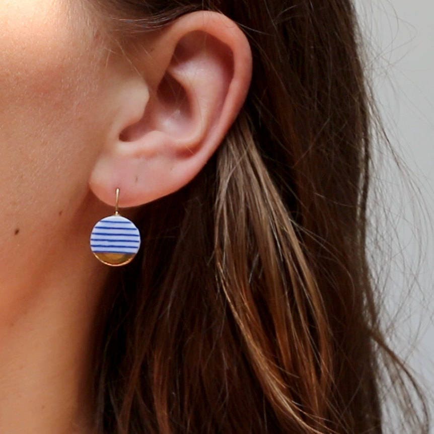 Blue white stripes ceramic gold earrings from Delft, ceramic and porcelain ware by OeiCeramics