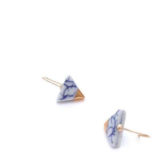 Triangle porcelain earrings with 18k solid gold, ceramic jewelry