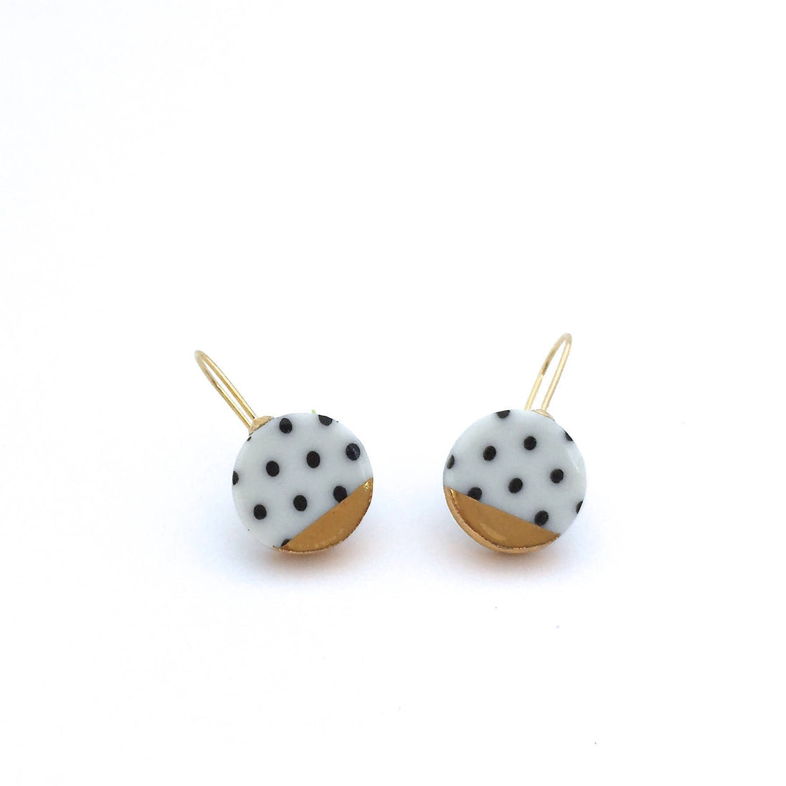 Black and white porcelain earring, pottery and ceramic, 18k solid gold, Gift for girlfriend, Polka dot, round gold dangle earrings