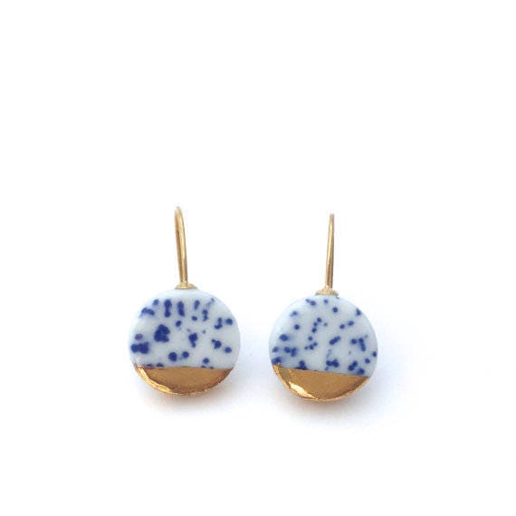 Celestial gold earrings pottery jewelry from Delft Porcelain Dutch jewelry kintsugi gift handmade ceramics and clay Blue and white