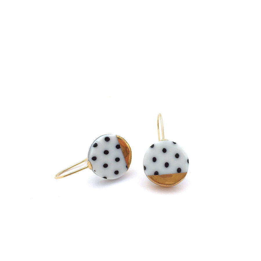 Black and white porcelain earring, pottery and ceramic, 18k solid gold, Gift for girlfriend, Polka dot, round gold dangle earrings