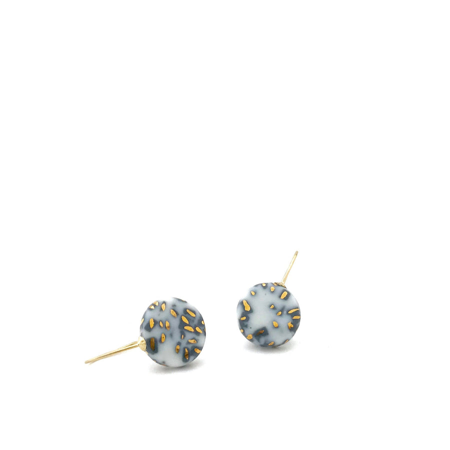 White Grey Porcelain earrings, 18k solid gold, ceramic jewelry, round drop earrings, statement earrings, ecofashion, Kintsugi gift