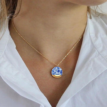 Terrazzo porcelain necklace, ceramic jewelry, blue white, micro mosaic, 14k gold fill, Murano glass charm, porcelain pendant, 80s style, zero waste jewelry