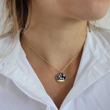 Terrazzo ceramic necklace, porcelain jewelry, micro mosaic, anniversary gift, jewelry gift set, 14k gold fill, black pendant