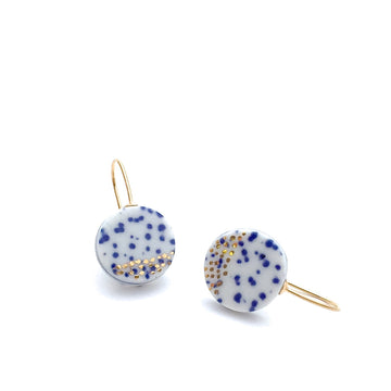 Blue white porcelain earrings, 18k solid gold jewelry, gift for woman, Ceramic jewelry, Scandinavian Modern, classic earrings, Delft Blue