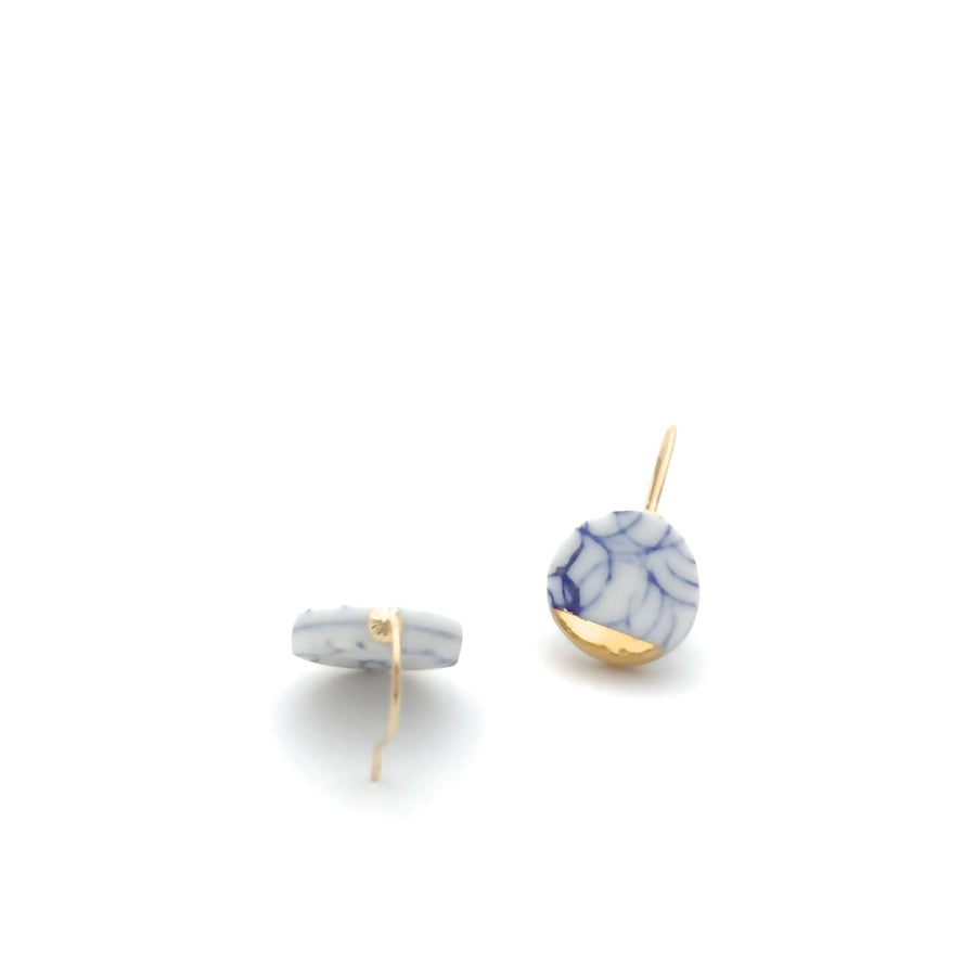 Dainty Blue porcelain earrings, broken china jewelry in gold